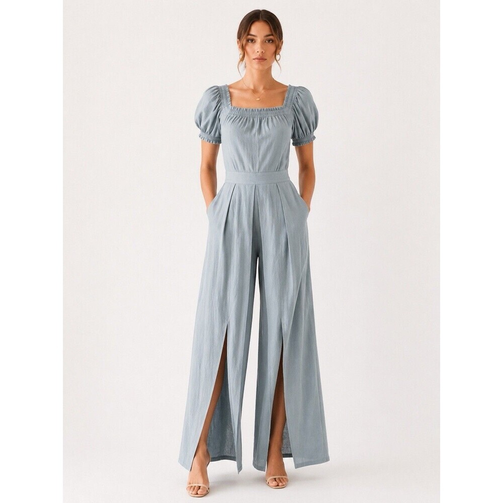 BGL Linen Blend Off Shoulder Puff Sleeve Palazzo Jumpsuit Light Blue NWT Size 2